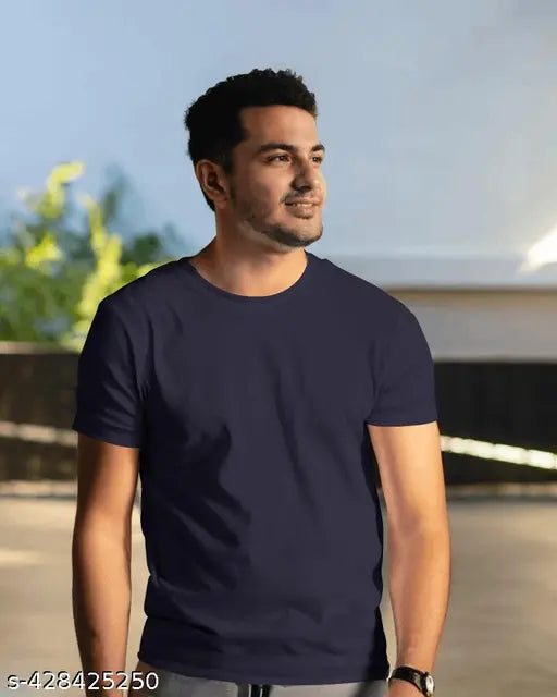 Dark Blue Cotton Blend Solid Tee - Comfortable, high-quality, breathable everyday wear