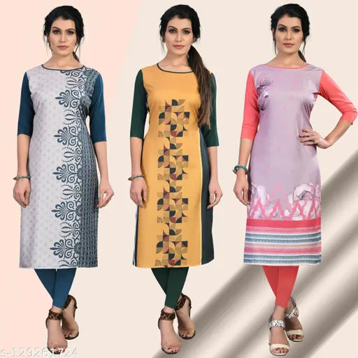 American Crepe women's straight kurta combo pack (3 kurtis), printed, cap sleeves, casual & festive occasion. Size S-XXL, lengths 44 inches. Bust sizes: 36in, 38in, 40in, 42in, 44in. Wash separately. India origin