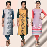 American Crepe women's straight kurta combo pack (3 kurtis), printed, cap sleeves, casual & festive occasion. Size S-XXL, lengths 44 inches. Bust sizes: 36in, 38in, 40in, 42in, 44in. Wash separately. India origin
