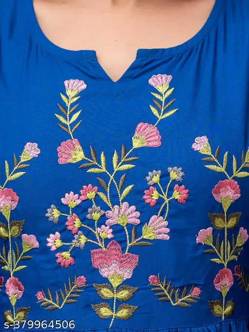 Denube Blue Rayon Anarkali Kurta with Floral Embroidery - Indian Ethnic Wear