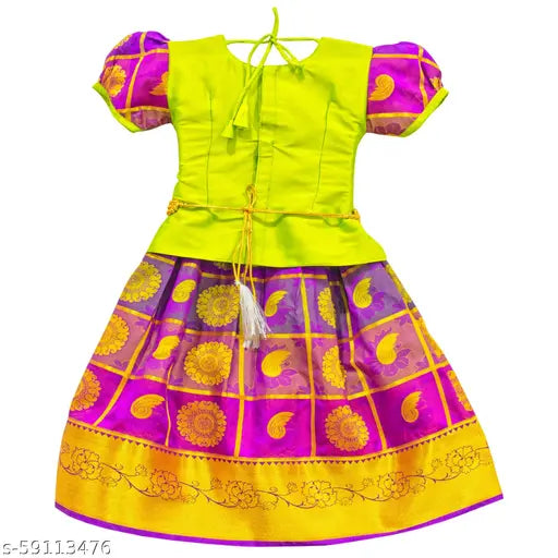 Brand new Chanderi silk South Indian Yatra Lengha Choli Pattu Pavadi embroidered with waist belt, perfect for 4-5 years old children. High quality, best price