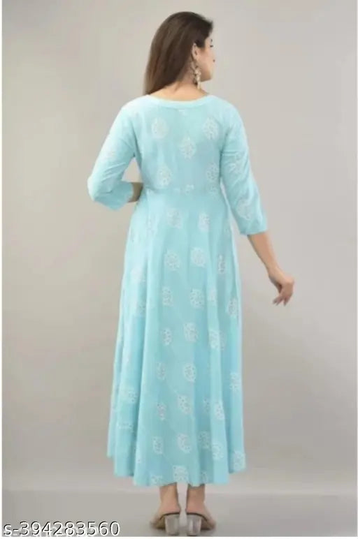 Sky Blue Printed Cotton Kurta, three-quarter sleeves, vibrant printed combo on display stand