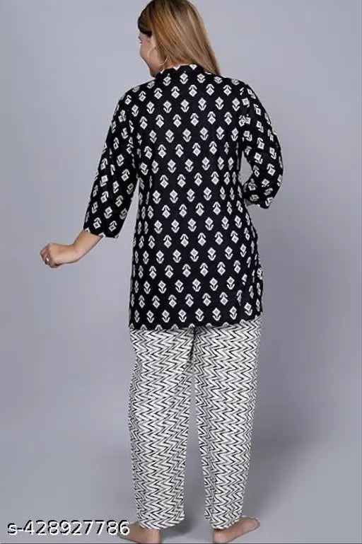 Trendy cotton top with pyjama night suit for women, printed in a contemporary style, made from soft, breathable Indian cotton for comfort and style during sleep or lounge wear