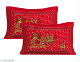 Red Jaipuri print cotton flat sheets & pillow covers - summer-ready bedding by Sakshi Textiles