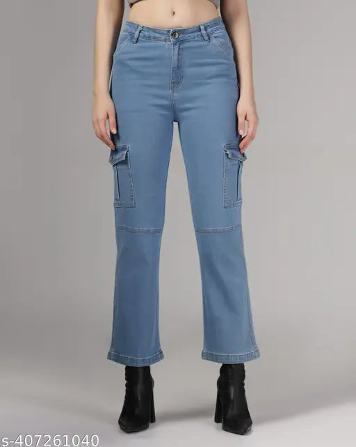 Light blue premium plus size Zenday Casual Flared Jeans, high-quality cotton blend with good stretch, ankle length, slightly washed jeans for women