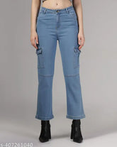 Light blue, premium cotton blend, casual flared jeans for plus size women, high end stretch fabric, designer look, trendy flared fit, ankle length, 6 pockets, full length button closure, perfect summer style