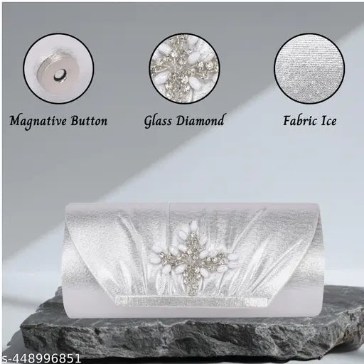 Glittering polyester bridal clutch bag, embellished net design, 2 compartments, free size (L9in x W4in), India origin