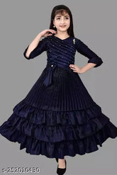 Navy Blue Embellished Net Sequin Girl's Party Dress - Silk, 3-4 Years (Bust Size: 23 in, Length Size: 27 in)