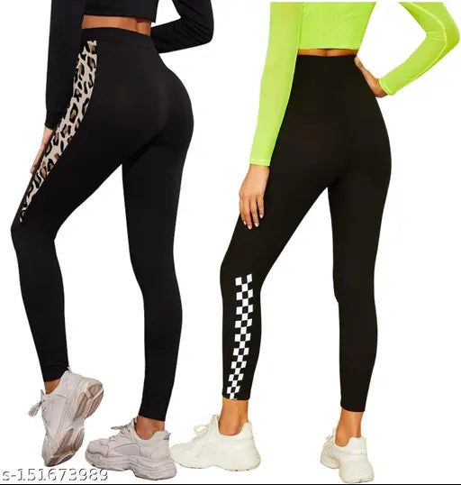 Printed cotton blend jeggings for women - pack of 2, stretchable and formal with stylish bottom, available in sizes 26, 28, 30, 32, 34 (waist 26-38in, hip 30-36in, length 39in), origin India