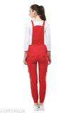 Red stretchable cotton blend dungaree jumpsuit, women's fashionable casual western wear in size pack (S28, M30, L32, XL34) with sleeveless print design