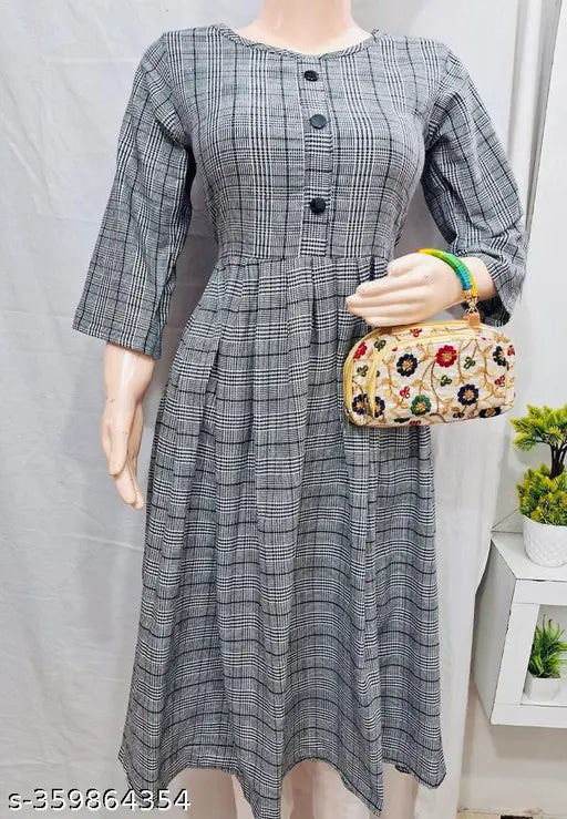 Black woolen frock kurti for winter, printed combo and 3/4 sleeves, perfect for casual or formal wear