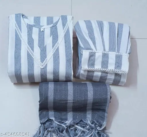 White and grey cotton straight kurta with printed Afghani salwar set, featuring three-quarter sleeves and comfy palazzo bottoms in organza fabric. Perfect for any occasion, this designer kurta is available in multiple sizes. #KurtaPalazzos #IndianFashion #DesignerKurta