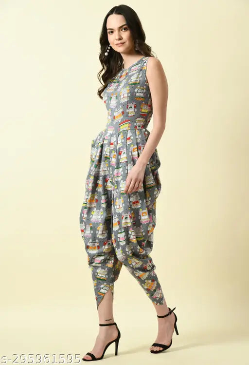 Digital owl print maxi dhoti jumpsuit, sleeveless crepe fabric - perfect for party wear by Samridhi Creations (India)
