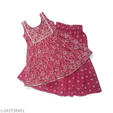 Red cotton kurti set with sharara for girls ages 3 to 10, featuring traditional Sanganeri block print design