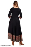 Black rayon printed Anarkali kurti with three-quarter sleeves, intricate Indian pattern for women's fashion, M (38in bust), L (40in bust), XL (42in bust), XXL (44in bust)