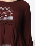 Maroon rayon ethnic motif boat neck tunic, three-quarter sleeves, embroidered net, designed by experienced Indian designer