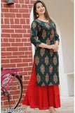 Green and Red Comfort Premium Rayon Women's Kurti Set with Sharara - 3/4 sleeves, round neck, printed design