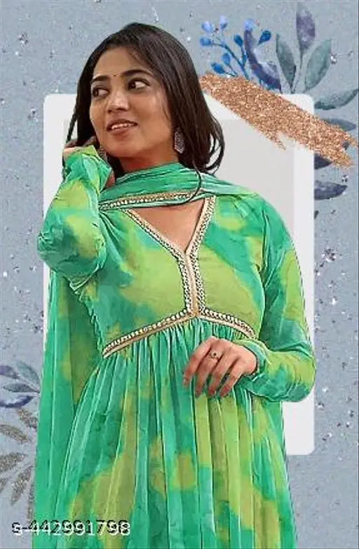 Indian Georgette Maxi Dress with Gota Patti Embroidery, vibrant print, comfortable V-neck gown set includes dupatta. Perfect for parties, evening events or weddings." (124 characters)