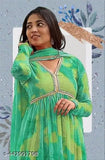 Indian Georgette Maxi Dress with Gota Patti Embroidery, vibrant print, comfortable V-neck gown set includes dupatta. Perfect for parties, evening events or weddings." (124 characters)