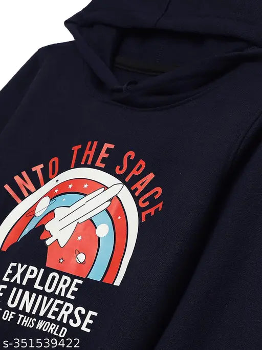 Navy Blue printed hooded cotton fleece sweatshirt for boys, long sleeves, trendy print design on soft cotton blend fabric