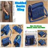 Embellished denim sling bag, studded fabric tote with 4 compartments, free size (L7xW1xH8), made in India