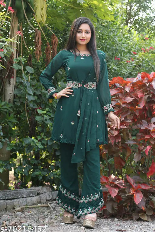 Green faux Georgette Kurta Palazzo Set with embroidered top, featuring a matching dupatta. Indian handcrafted women's clothing in green color