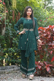 Green faux Georgette Kurta Palazzo Set with embroidered top, featuring a matching dupatta. Indian handcrafted women's clothing in green color