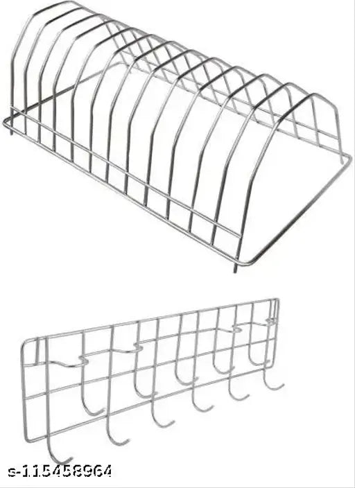 Stainless Steel Alight Combo: Ladle Cradle, Chakla Belan Stand, Spoon Holder, Cup Stand with Hooks, Spice Rack, Plate Stand - Indian Multipurpose Kitchen Organizer