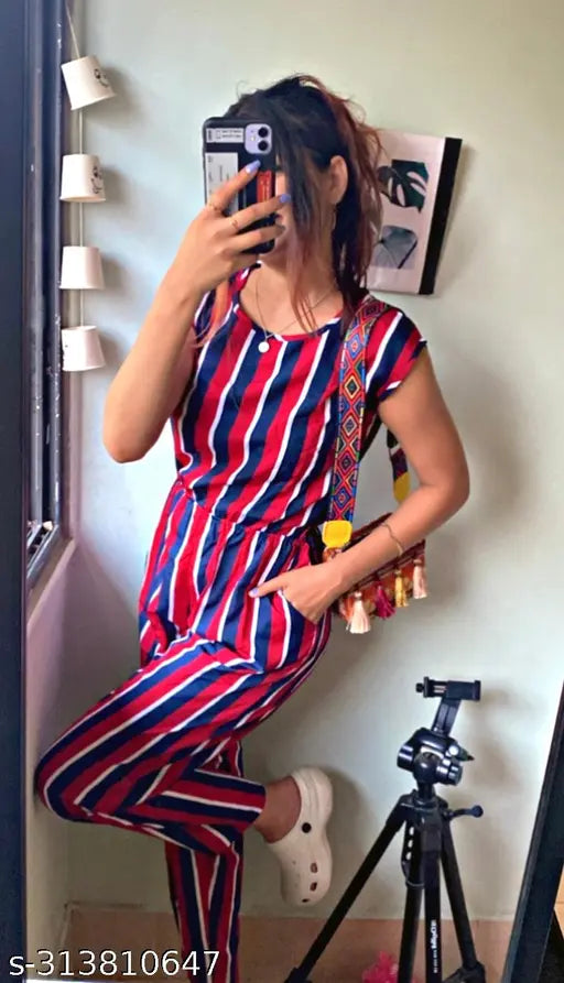 Striped crepe women's jumpsuit (M), trendy Indian fashion with short sleeves