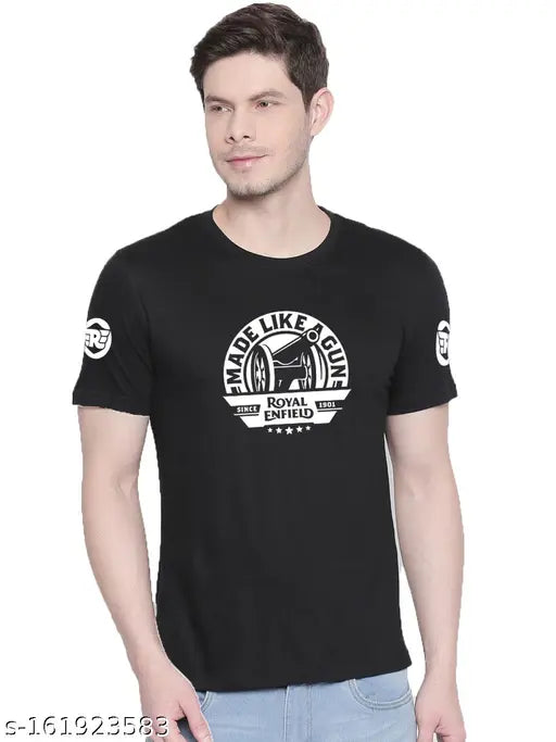 Organic Chics black Royal Enfield graphic printed men's cotton t-shirt, short sleeves, gym style, India origin