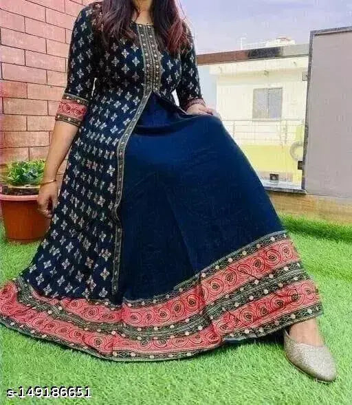 Blue Rayon Anarkali Dress - Women's Shama Fashion print front slit, three-quarter sleeves