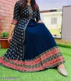 Blue Rayon Anarkali Dress - Women's Shama Fashion print front slit, three-quarter sleeves
