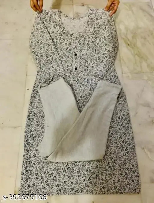 Grey cotton kurti set for women and girls, three-quarter sleeve printed combo, best quality Indian fashion