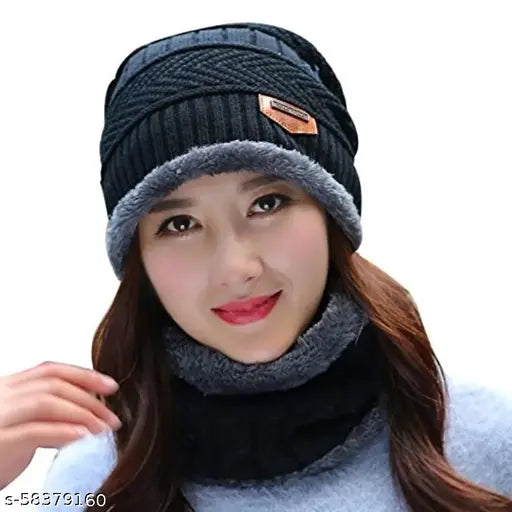 Wool and acrylic unisex beanie cap with scarf. Soft fleece lining, stretchy knit construction. Ideal for men & women's cold weather wear, skiing, or outdoor sports