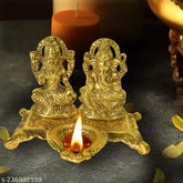 Metal Lakshmi Ganesh statue, Diwali decor item. Traditional Indian Ganesha idol, oil lamp for home puja