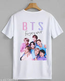 White printed BTS half-sleeves polyester t-shirts for men, women, and girls on size chart display