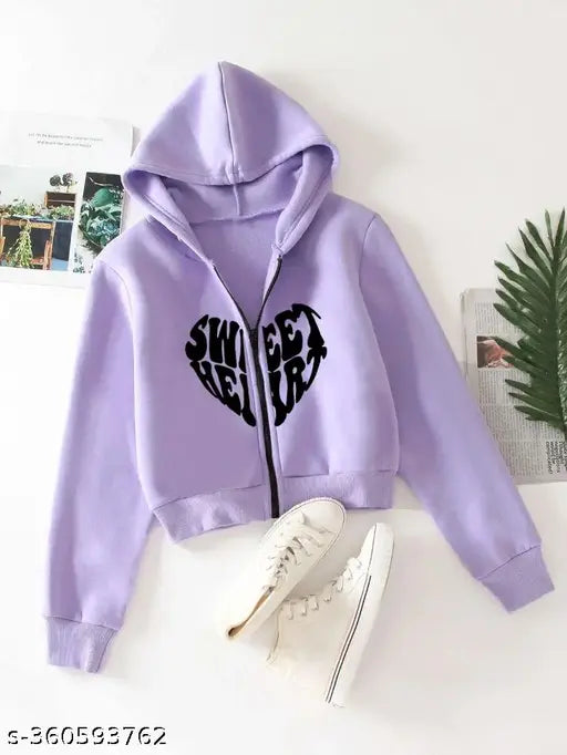 Purple wool girls' embellished full-sleeve hoodie, printed net pattern on display