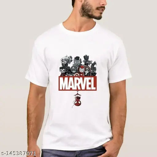 White polyester unisex Marvel t-shirt featuring printed net design. Short sleeves, available in sizes M, L, XL. On hanger. Made in India