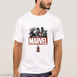 White polyester unisex Marvel t-shirt featuring printed net design. Short sleeves, available in sizes M, L, XL. On hanger. Made in India