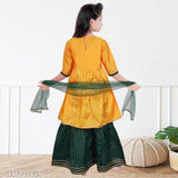 Dupion silk A-line Girls Kurta Sharara set with printed pattern & dupatta, embellished with laces - Indian fashion for any season