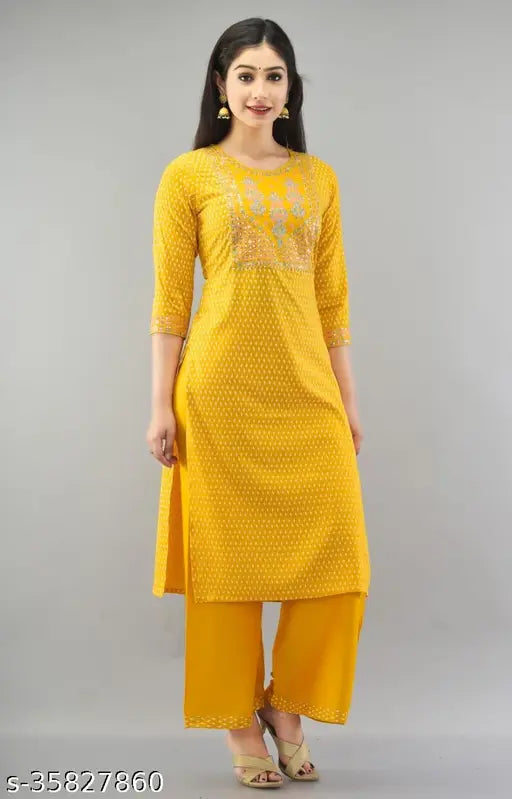 Gold printed rayon kurti with palazzo set, sequinned work on Indian-made rayon kurti and palazzos