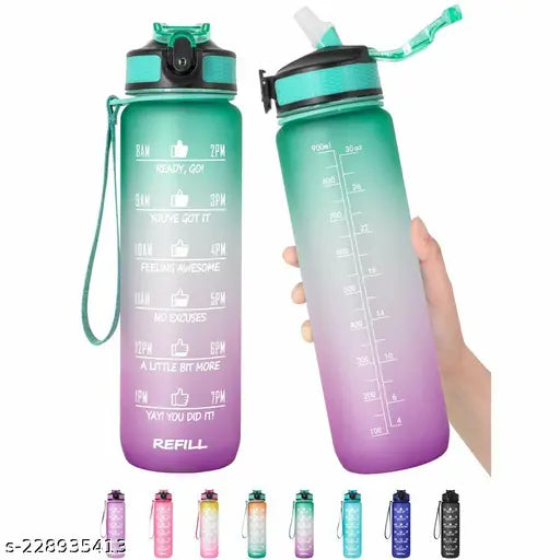 Blue-Pink motivational water bottle, unbreakable tracker sipper for adults, 1 litre, BPA free with time markers and inspirational quotes, ideal for gym, office, traveling