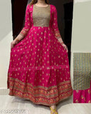 Women's pink rayon Anarkali Janki kurti with three-quarter sleeves and printed net pattern, featuring gold accents. Size: XS (Bust 36in, Waist 34in, Shoulder 13in), M (Bust 38in, Waist 36in, Shoulder 14in), L (Bust 40in, Waist 38in, Shoulder 14in), XL (Bust 42in, Waist 40in, Shoulder 15in), XXL (Bust 44in, Waist 42in, Shoulder 15in). Made in India
