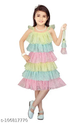 Rainbow frock and bag set, colorblocked net for kids girls 2-5 years, Indian-made vibrant dress with free accompanying bag