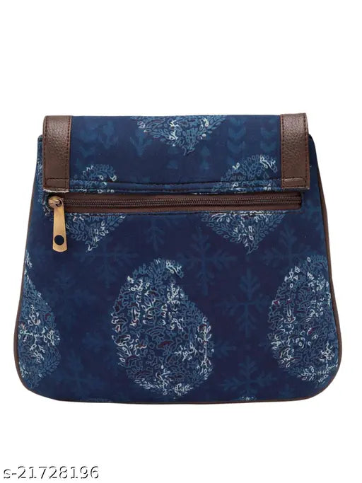 Faux leather indigo sling bag with tassel detail, printed net pattern, single compartment, free size (10x1x10 inches), Made in India