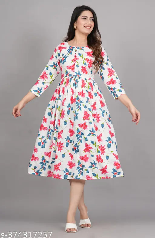 Rayon three-quarter sleeve women's floral print Anarkali gown, vibrant Indian design