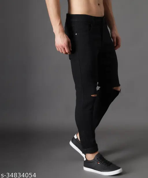 Solid black cotton blend jeans for men by Zaysh, knee-cut style with a waist size of 34 inches and length size of 40 inches