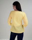 Yellow pure cotton Schiffli top with three-quarter sleeves, intricate embroidery pattern, M-XXXL sizes available
