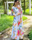 Georgette, long-sleeved women's floral printed ethnic gown with dupatta. Indian-made, high-quality party wear for functions, festivals, office events. Breathable, machine washable, no shrinkage or bleeding