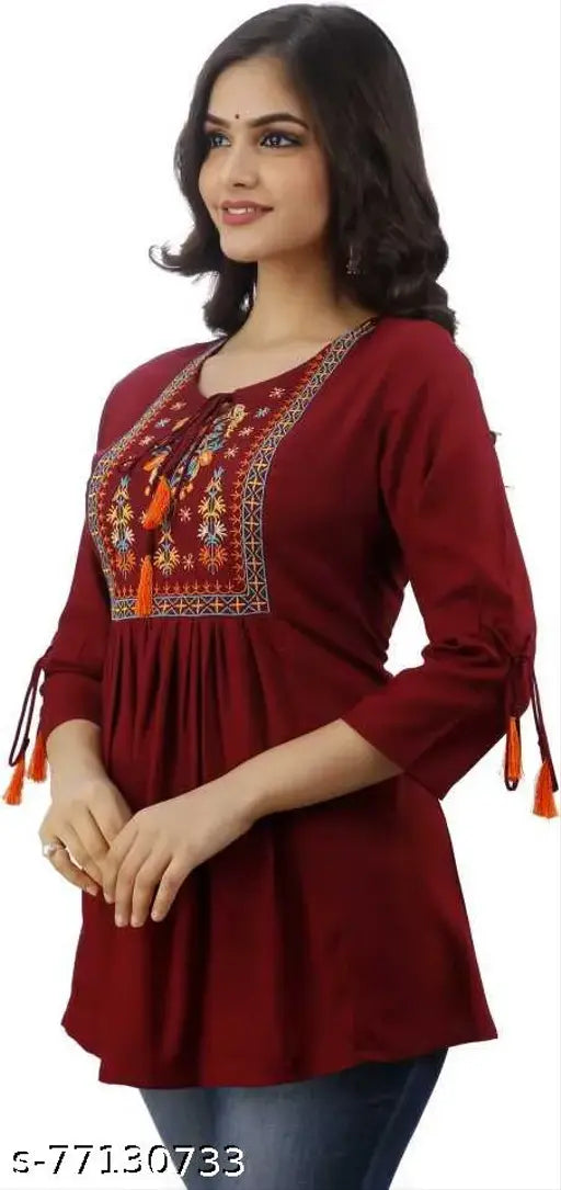 Rayon embroidered cape top kurta, solid single-color design, three-quarter sleeves for women, made in India